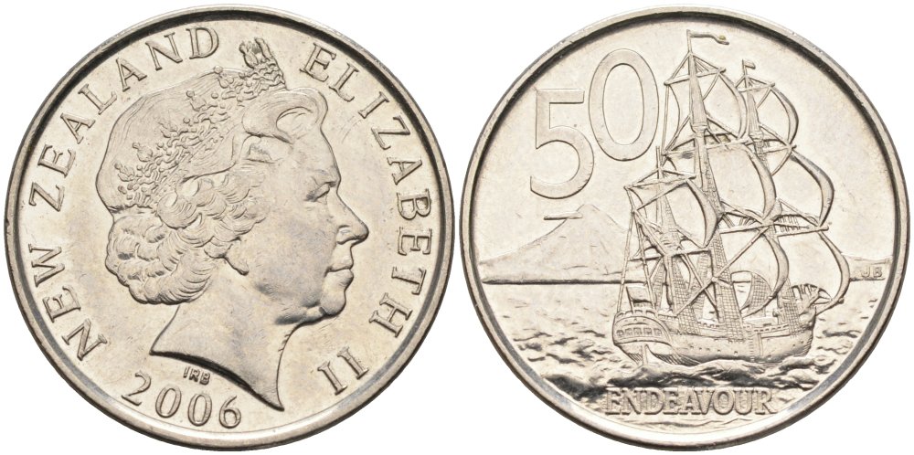 Новая Зеландия 50 центов 2006 Елизавета II (1952-2022), парусник Индевор KM 119а никелированная сталь 4579-1046
