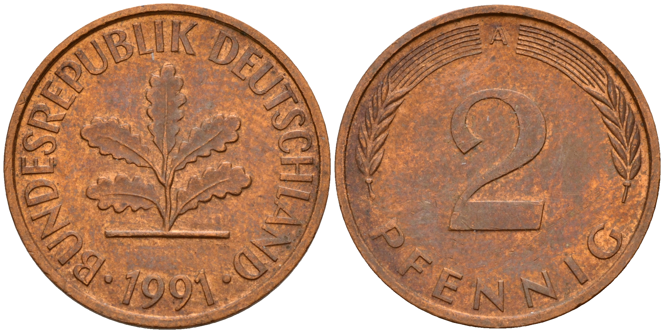 ФРГ 2 пфеннига 1991 A J.381a, KM 106a сталь плакированная медью    4598-927