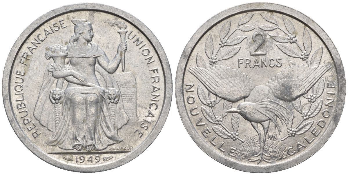 Французская Новая Каледония 2 франка 1949 птица кагу, (IEOM) KM 3, Schoen 3, Lec 55 алюминий    27-314