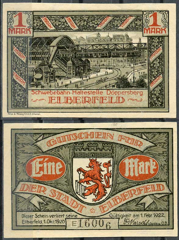 Германия, Эльберфельд 1 марка 1922 нотгельд, городские виды, серая Mehl 324.1 бумага UNC (пресс) 444-51-3-2
