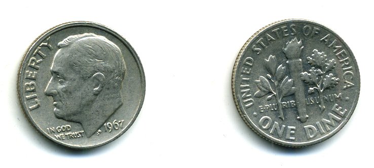 США 10 центов (дайм) 1967 Рузвельт KM 195а медь плакированная медно-никелем 46-2357