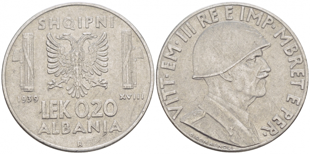 Албания 0,20 лека 1939 R, Итальянская оккупация KM 29 нержавеющая сталь 113-1052