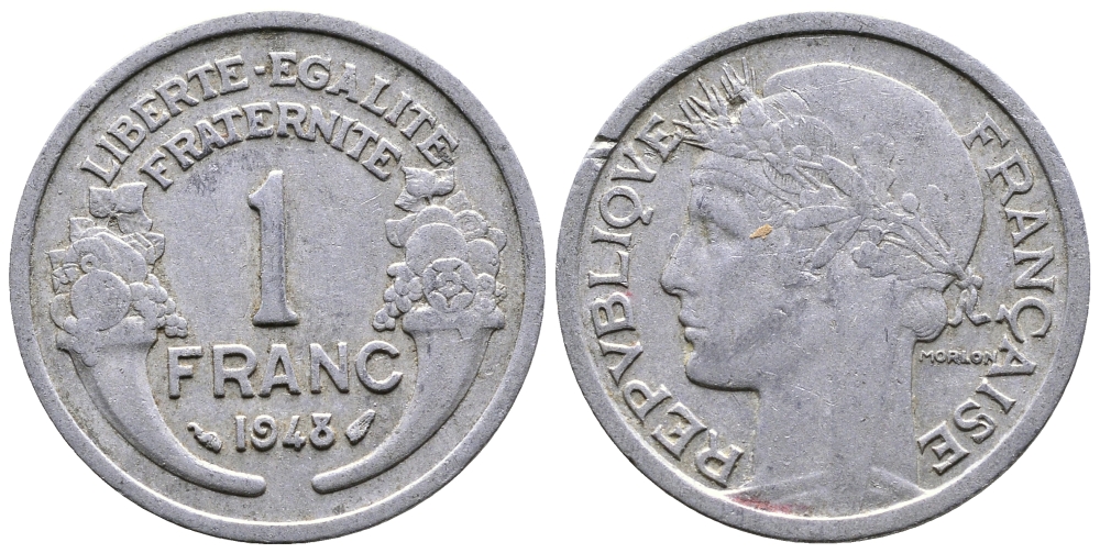 ФРАНЦИЯ 1 ФРАНК 1948 ТИП MORLON, LEGERE KM 885a.1, LE FRANC 221.13 алюминий 51-457