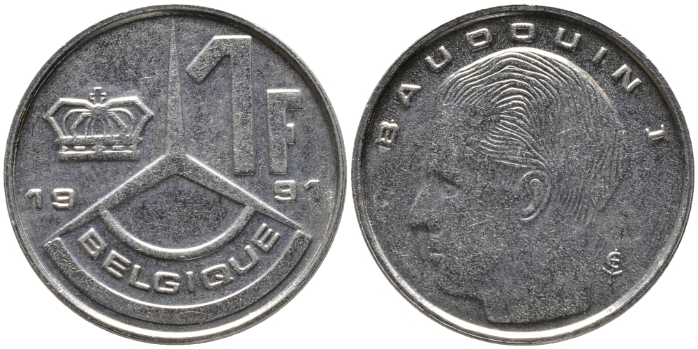 БЕЛЬГИЯ 1 ФРАНК 1991 BELGIQUE KM 170 сталь плакированная никелем 99-1224