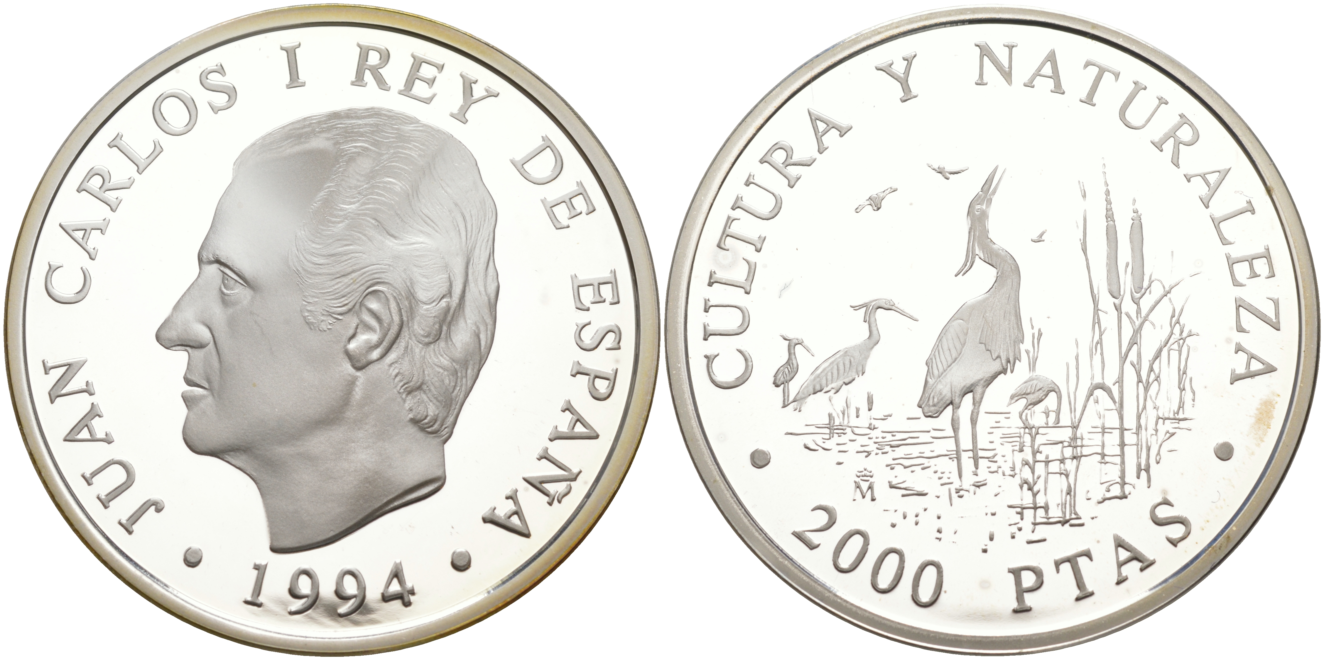 Испания 2000 песет 1994 серия культура и природа, рыжая цапля на болоте KM 940 серебро PROOF 00-000-00