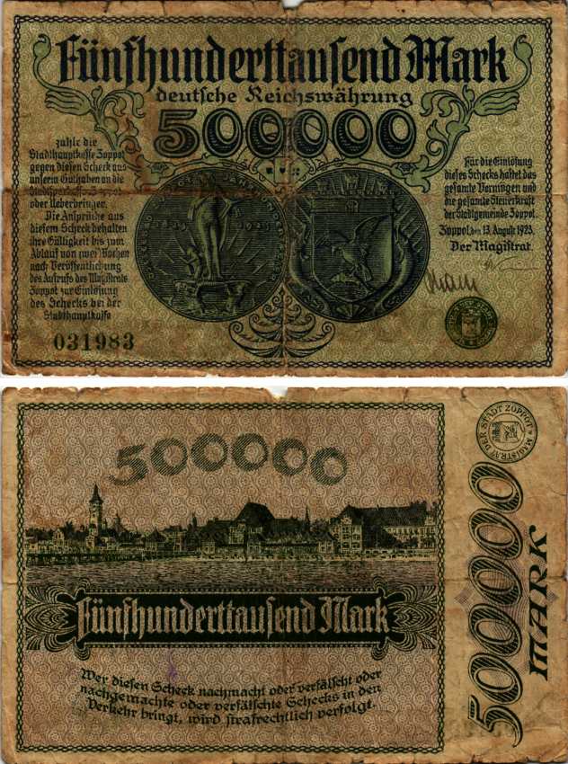 ГЕРМАНИЯ 500000 МАРОК 1923 13 АВГУСТА 1923, ГОРОД СОППОТ, ДАНЦИГ, НОТГЕЛЬД бумага 444-31-2
