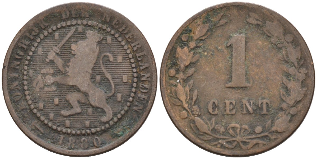 Нидерланды 1 цент 1880 Виллем III (1849-1890) KM 107 бронза 4576-552