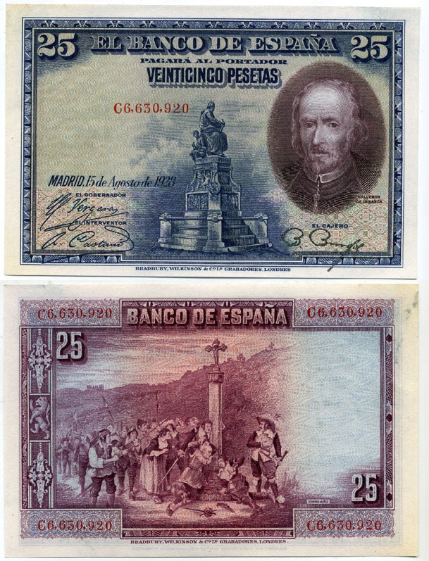 Испания 25 песет 1928 серия С 66309020, Педро Кальдерон де ля Барка Pick 74 b бумага aUNC 6279-6-3-1