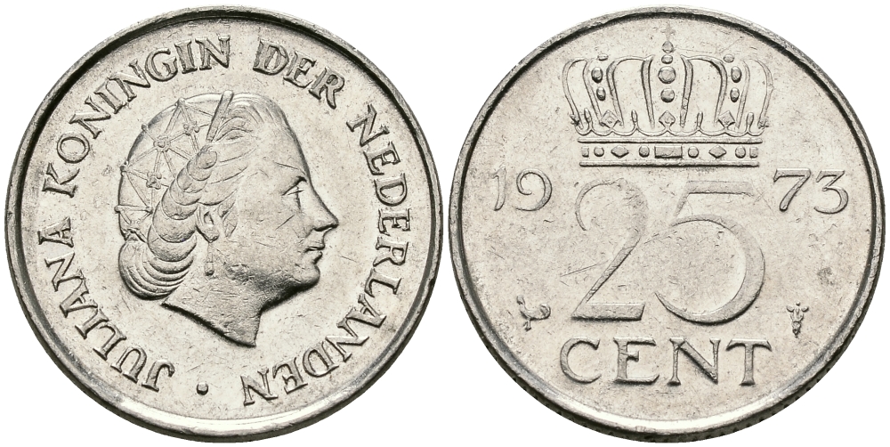 НИДЕРЛАНДЫ 25 ЦЕНТОВ 1973 ЮЛИАНА KM 183 никель 96-233