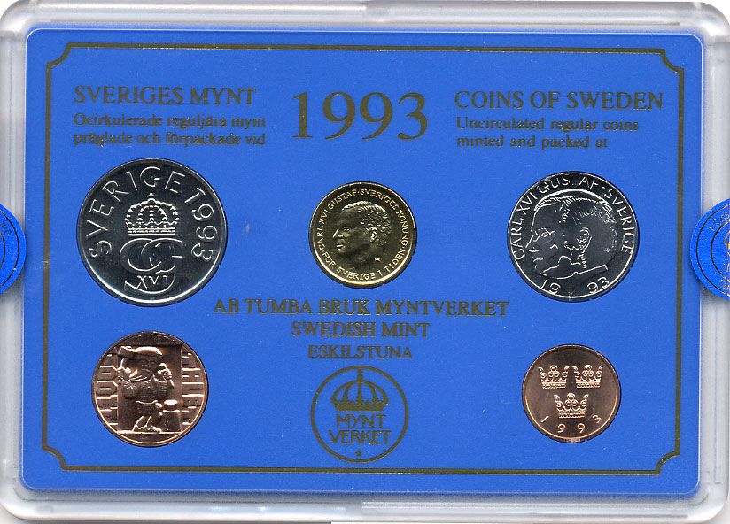 Швеция набор монетного двора из 4 монет + жетон 1993 в пластике, Карл XVI Густав (1973- ) KM MS68 UNC 7-5-7-200