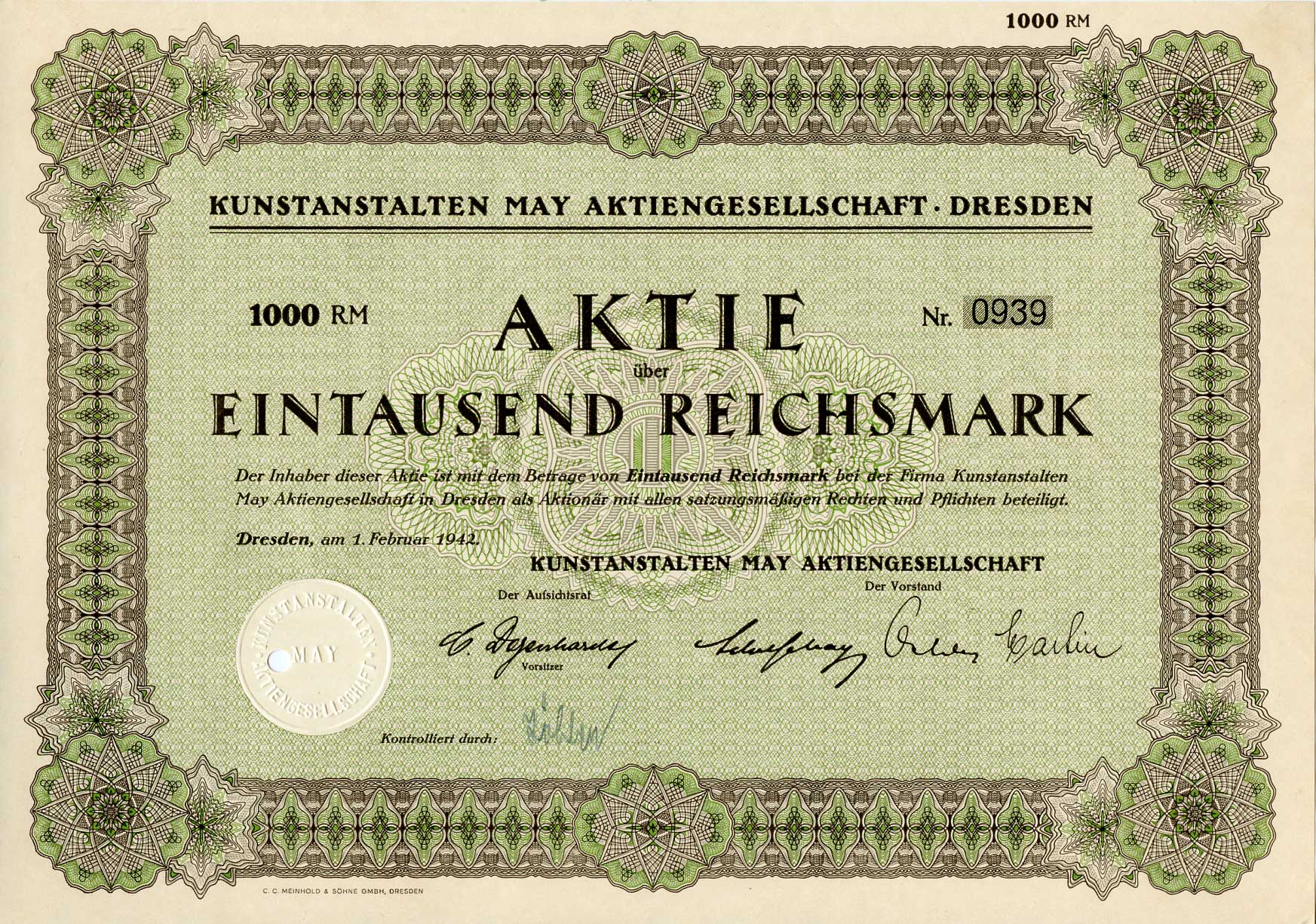 Германия 1000 рейхсмарок 1942 Kunstanstalten May AG (КАМАГ) - художественное издательство, акция   бумага   8801-82-1