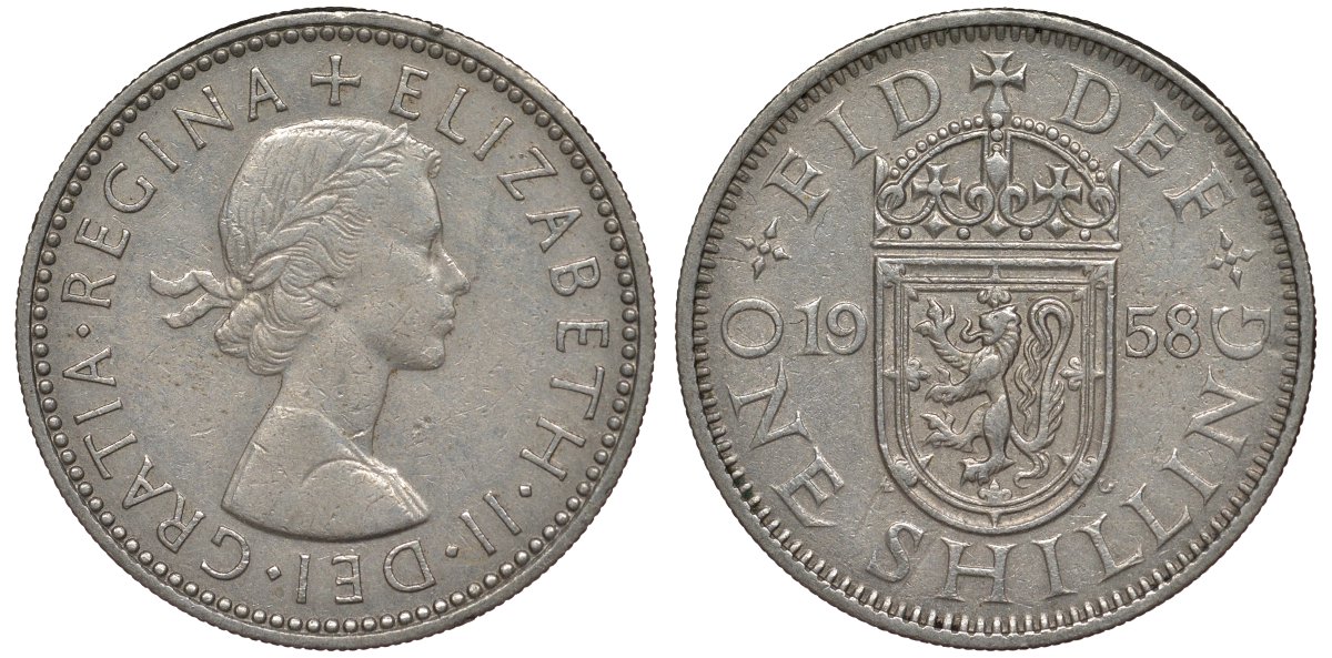 Великобритания 1 шиллинг 1958 Елизавета II (1952-2022), Шотландский герб KM 905, Spink 4148 медно-никель 4128-745