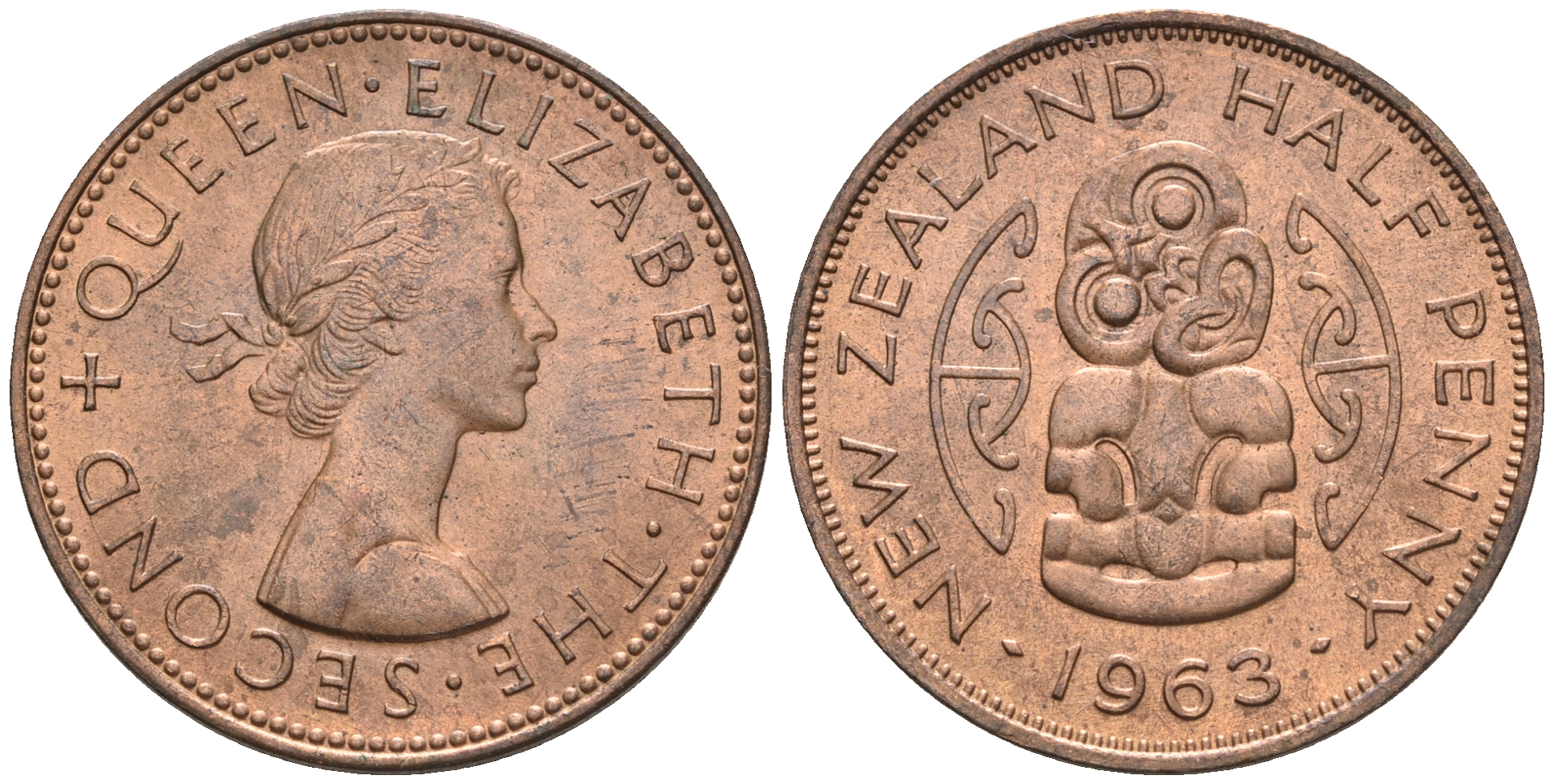 Новая Зеландия 1/2 пенни 1963 Елизавета II (1952-2022), божество Хей-Тики KM 23.2 бронза  aUNC  4176-122