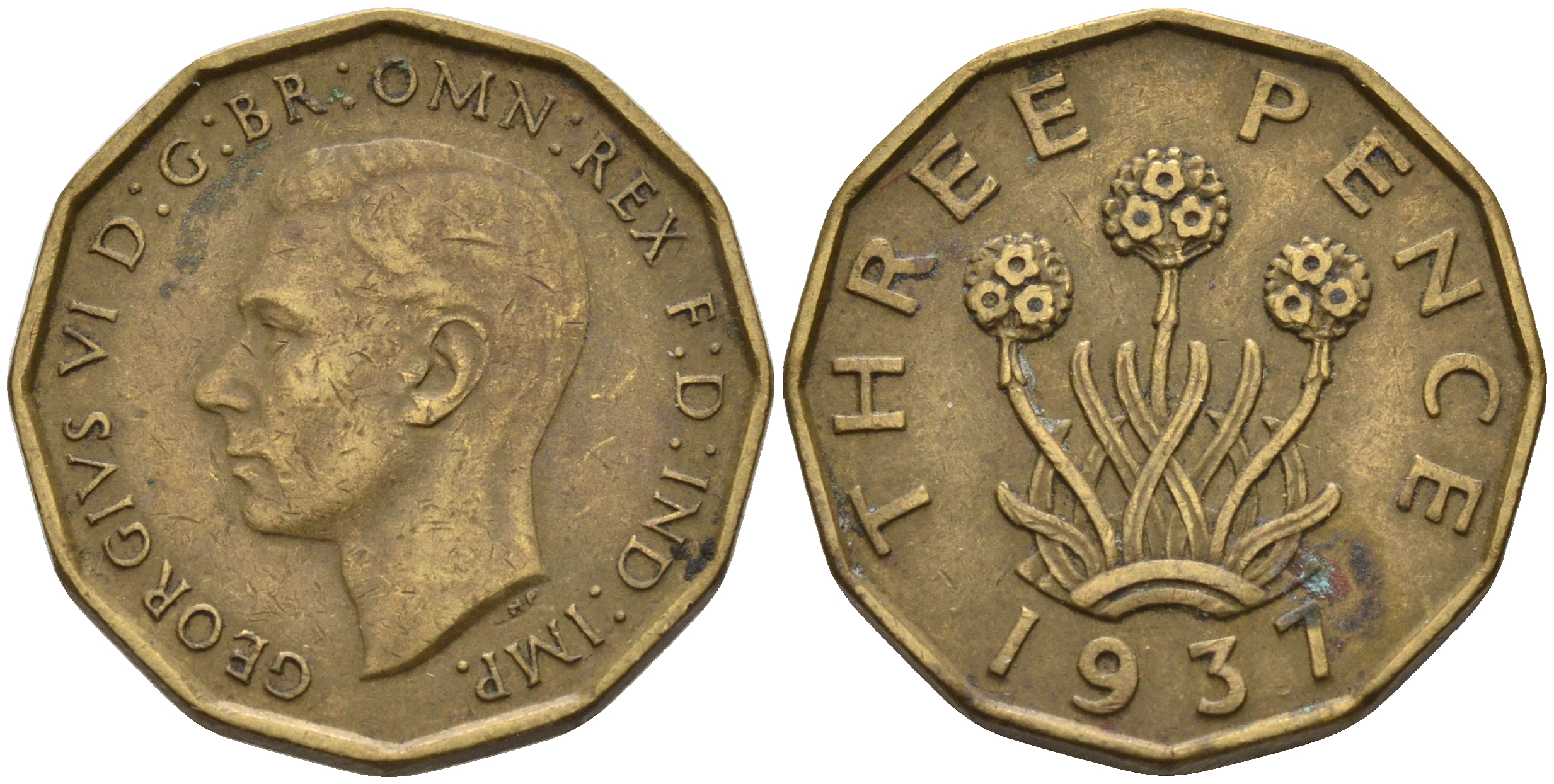 Великобритания 3 пенса 1937 Георг VI (1936-1952) KM 849, Spink 4112 никель латунь    4603-147