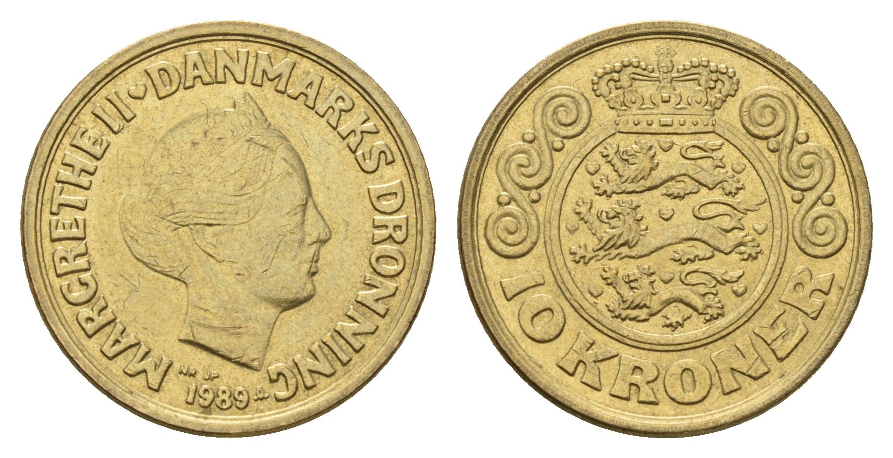 Дания 10 крон 1989 NR, Маргрете II (1972-2024) KM 867 алюминиевая бронза aUNC 119-1214
