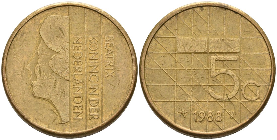 Нидерланды 5 гульденов 1988 Беатрикс (1980-2013) KM 210 никель плакированный бронзой 4572-842
