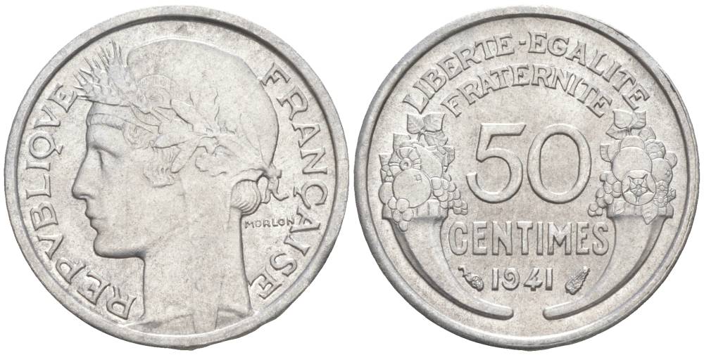 ФРАНЦИЯ 50 САНТИМОВ 1941 ТИП MORLON LOURDE KM 894.1a, LE FRANC 193.2 алюминий 44-157