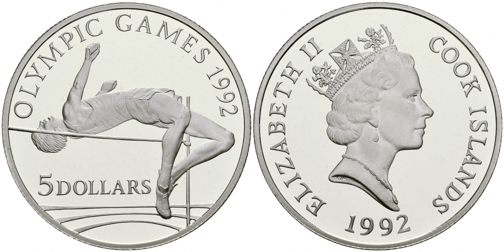 ОСТРОВА КУКА 5 ДОЛЛАРОВ 1992 ОЛИМПИЙСКИЕ ИГРЫ В 1992 ГОДА В БАРСЕЛОНЕ, ПРЫЖКИ В ВЫСОТУ, ВЕС 9,95 ГР., ТИРАЖ 150000 ЭКЗ. KM 252 серебро PROOF 1087-1-73