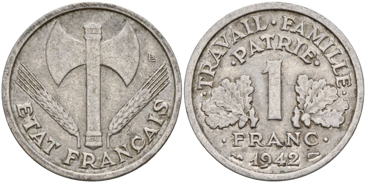 Франция 1 франк 1942 правительство Виши KM 902.1, Le Franc алюминий 4126-643