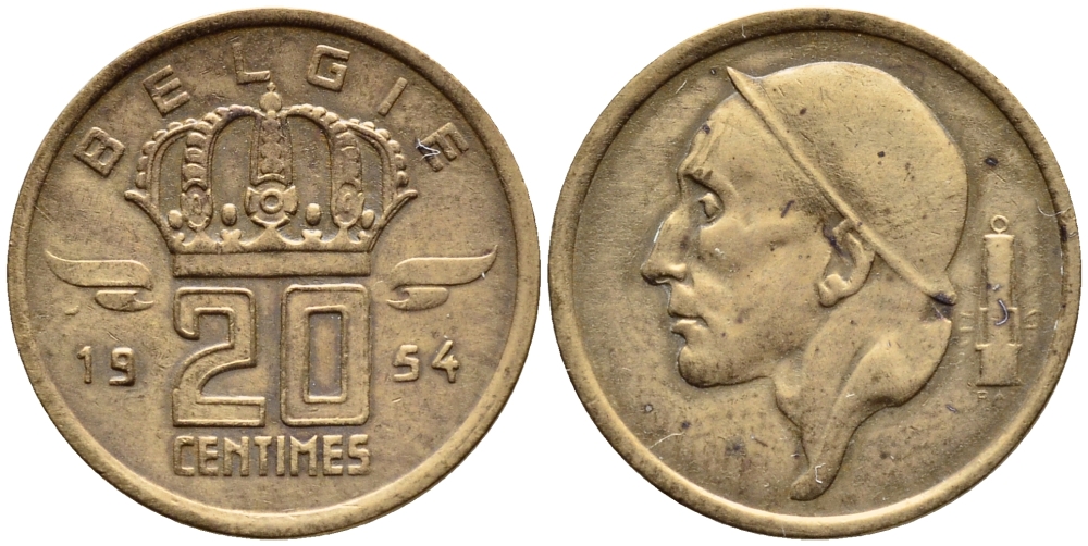 БЕЛЬГИЯ 20 САНТИМОВ 1954 BELGIE KM 147.1 бронза 4392-849