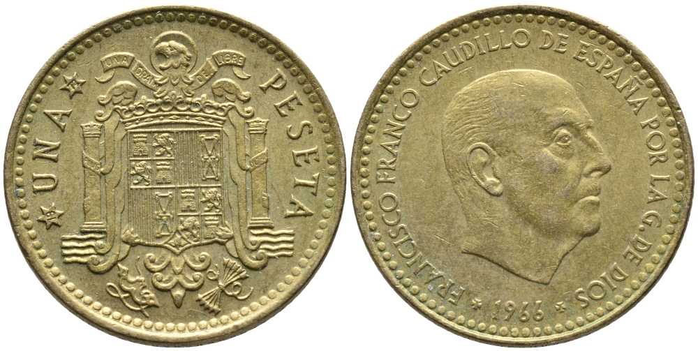 ИСПАНИЯ 1 ПЕСЕТА 1966 (72) ФРАНСИСКО ФРАНКО ДИКТАТОР ИСПАНИИ (1939-1975) KM 796 алюминиевая бронза 110-1222