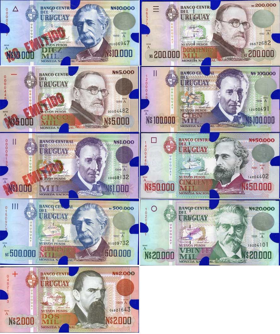 Уругвай 2000, 20000, 50000, 100000, 200000, 500000, 1000, 5000 и 10000 песо 1989-1992 официальный набор КМ 67А, 68, 68А, 68В, 69, 70 ,71, 72, 73 бумага UNC 1-4-5-4