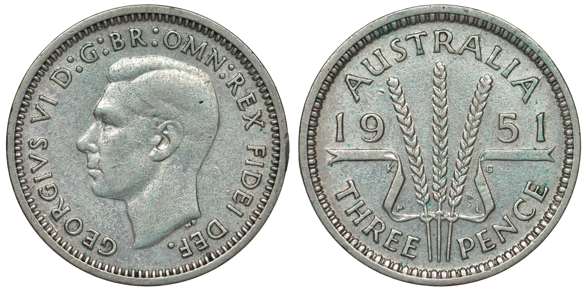 Австралия 3 пенса 1951 m, Георг VI (1937-1952), без букв KM 44 серебро 71-332