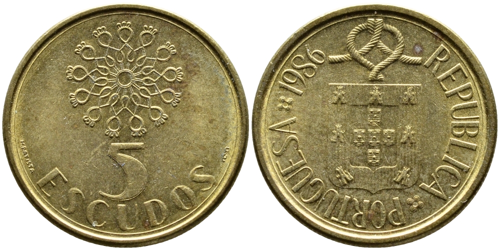 ПОРТУГАЛИЯ 5 ЭСКУДО 1986 KM 632 никель латунь 61-1145