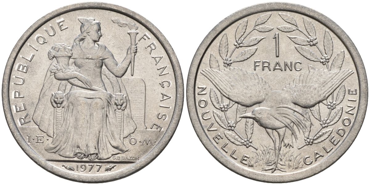 Французская Новая Каледония 1 франк 1977 KM 10 алюминий 4153-652