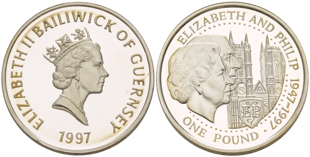 Гернси 1 фунт 1997 Елизавета и Филлип, золотая свадьба KM 70 серебро PROOF 1096-5-64