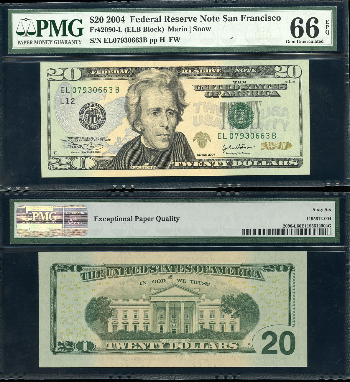 США 20 долларов 2004 L12 (Сан-Франциско), в слабе PMG 66 Gem Uncirculated Pick 521 a, Fr. 2090-L  бумага  UNC (пресс) 452-1-112
