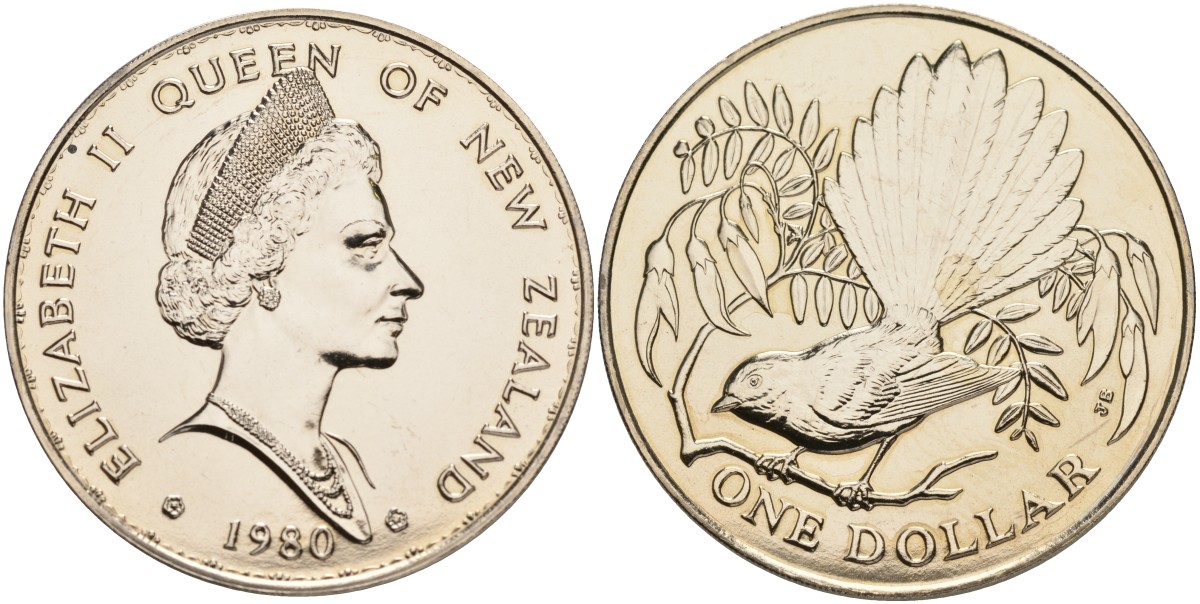 Новая Зеландия 1 доллар 1980 веерохвостка на ветке, Елизавета II (1952-2022) KM 49 медно-никель UNC 4552-1135