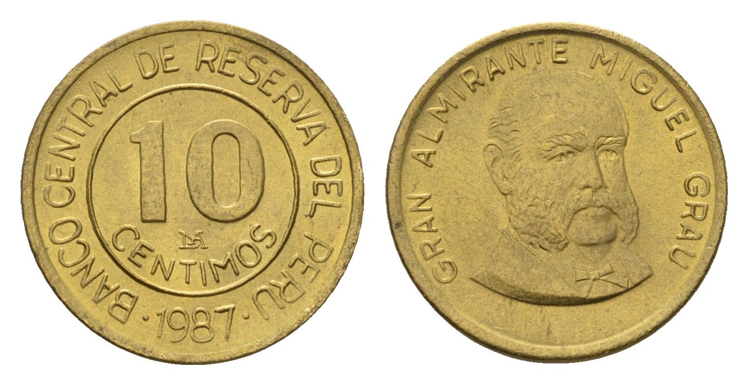 Перу 10 сентимо 1987 Мигель Грау Семинарио KM 293 латунь UNC 4615-136