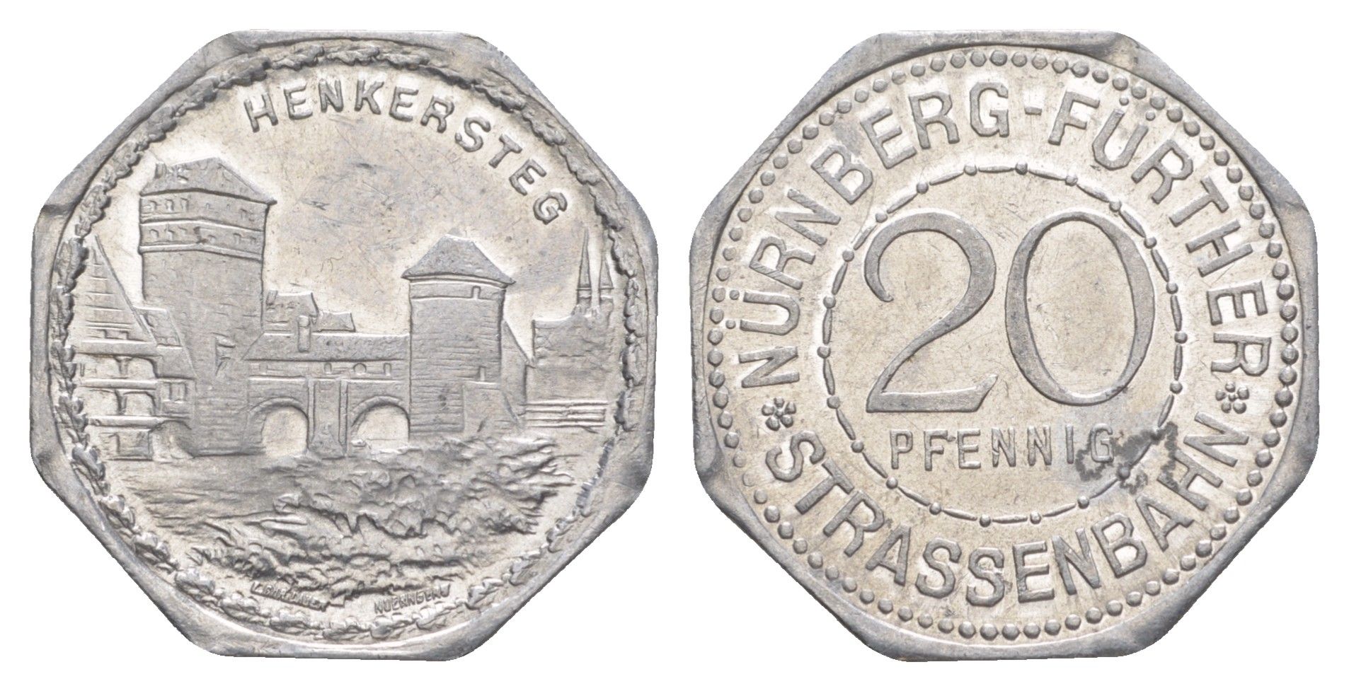 Нюрнберг трамвайный (транспортный) жетон в 20 пфеннигов ND (1920-1921) мост Men05 19256.17, Men18 24102.17 алюминий UNC 4638-254