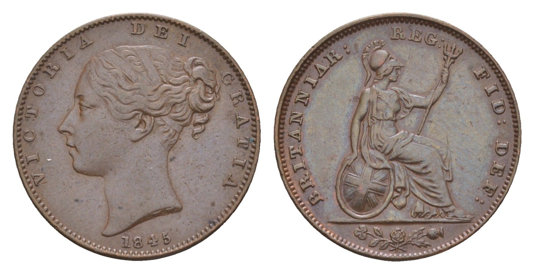 Великобритания 1 фартинг 1845 Виктория (1837-1901) KM 725, Spink 3950 бронза 1520-1133