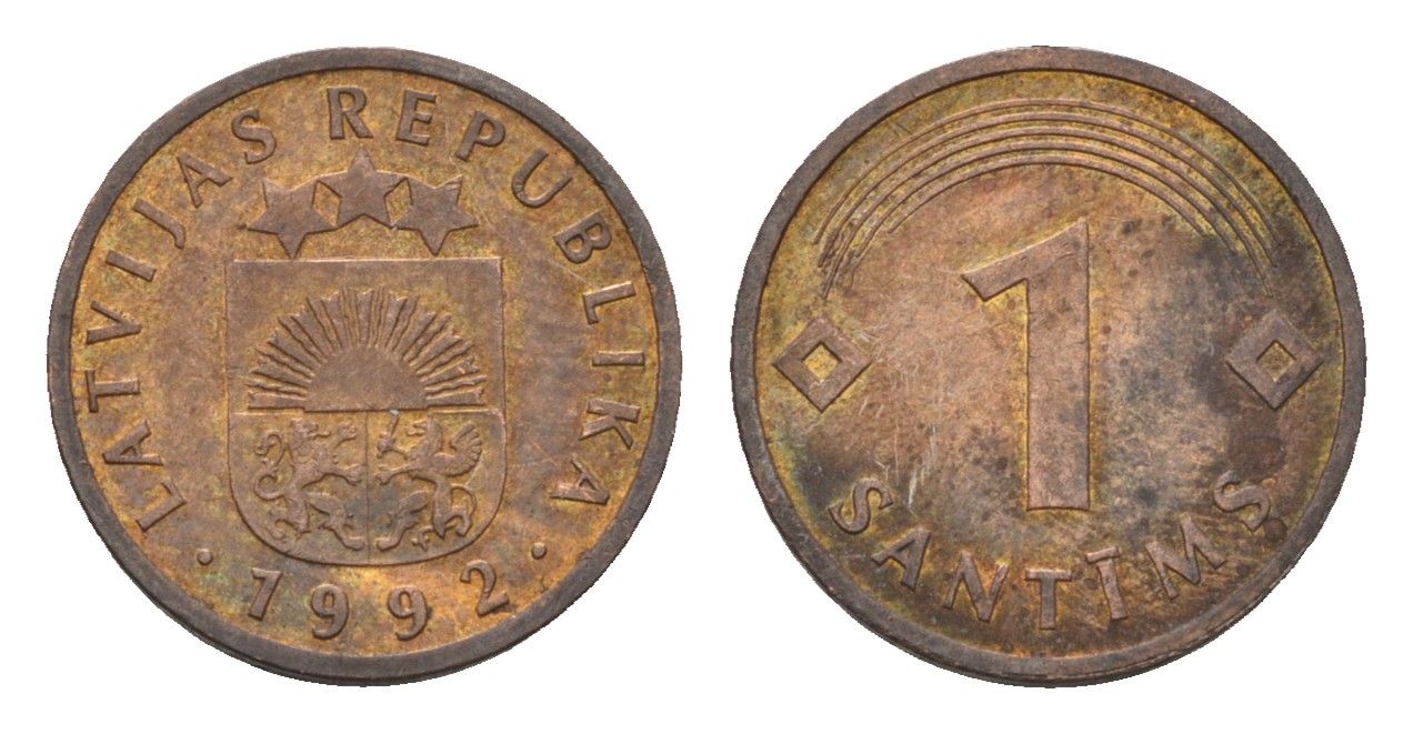 Латвия 1 сантим 1992 KM 15 сталь плакированная медью 105-334