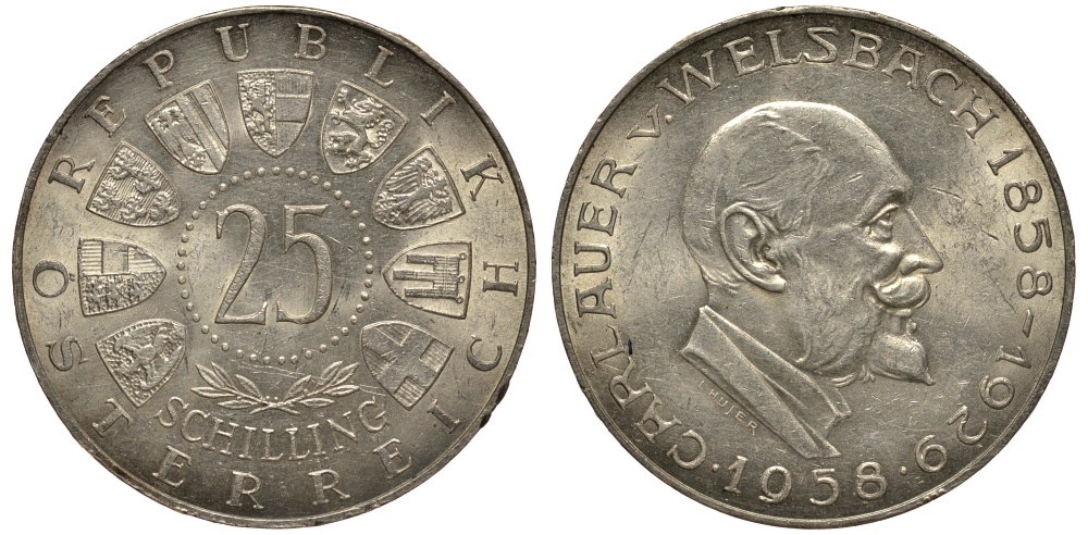 Австрия 25 шиллингов 1958 100 лет со дня рождения Карла Вельсбаха KM 2884 серебро aUNC 1520-115