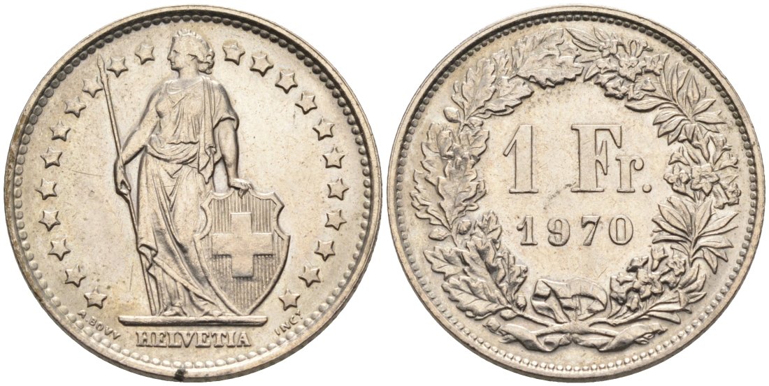 Швейцария 1 франк 1970 KM 24a.1 медно-никель 4573-213