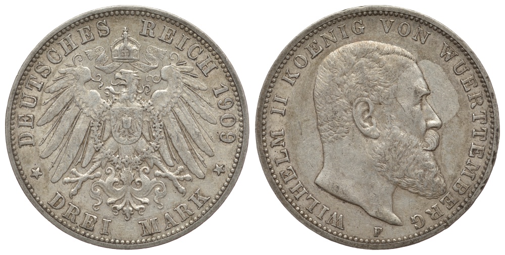 Вюртемберг 3 марки 1909 F, Вильгельм II (1891-1918) Weege 171, J.175, KM 635 серебро 413-1622