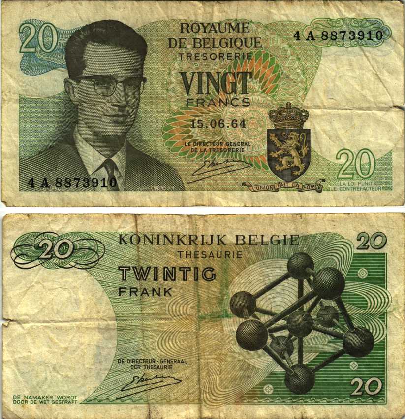 Бельгия 20 франков 1964 Бодуэн I, атомиум, Kestens Pick 138 (3) бумага 7486-38-1-1