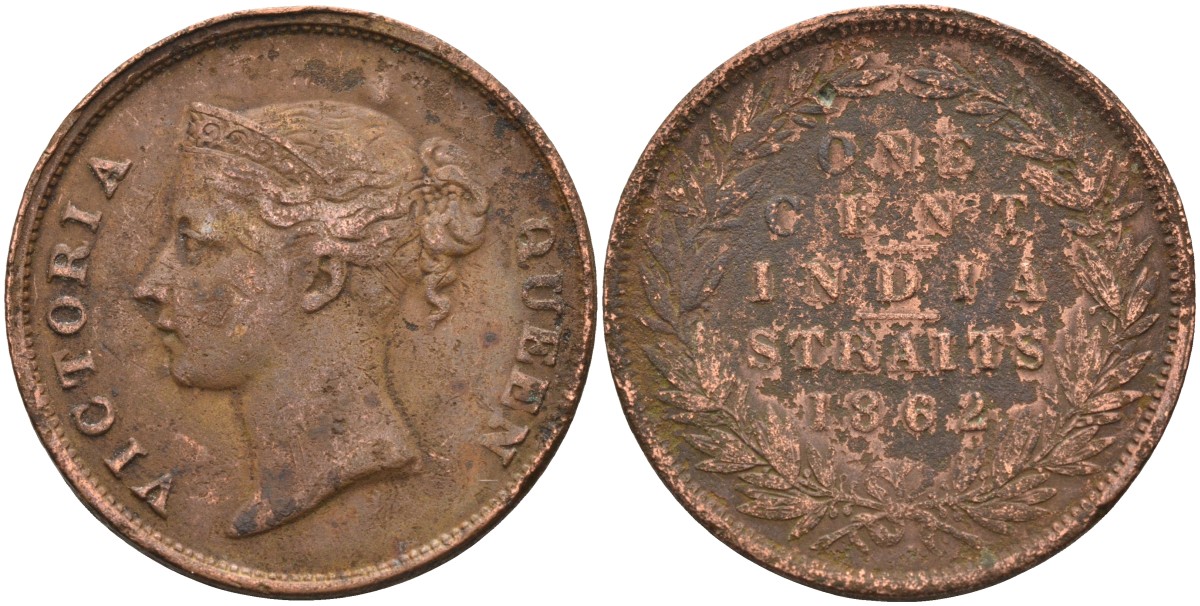Стрейтс-Сетлментс 1 цент 1862 Виктория (1837-1901), Ост-Индская компания KM 6 медь 4590-246