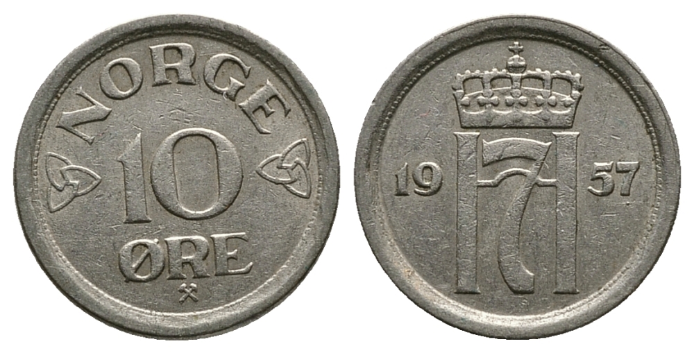 НОРВЕГИЯ 10 ЭРЕ 1957 KM 396 медно-никель 89-1456