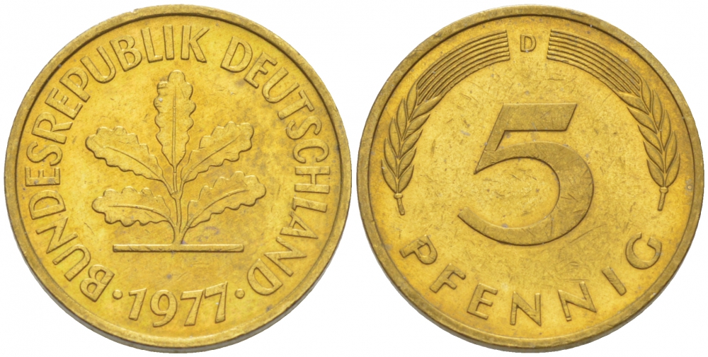 ФРГ 5 ПФЕННИГОВ 1977 D KM 107, J.382 сталь плакированная латунью 3996-1152