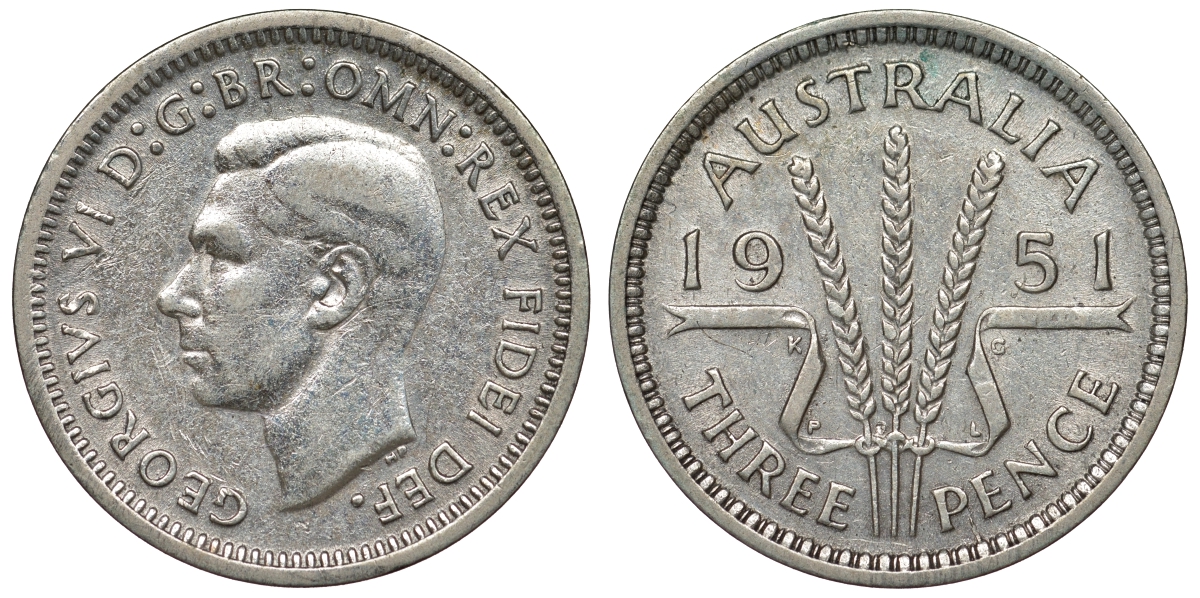 Австралия 3 пенса 1951 m, Георг VI (1937-1952), без букв KM 44 серебро 71-321