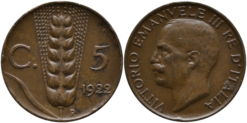 ИТАЛИЯ 5 ЧЕНТЕЗИМО 1922 R, ВИКТОР ИМАНУИЛ KM 59 медь 4392-514