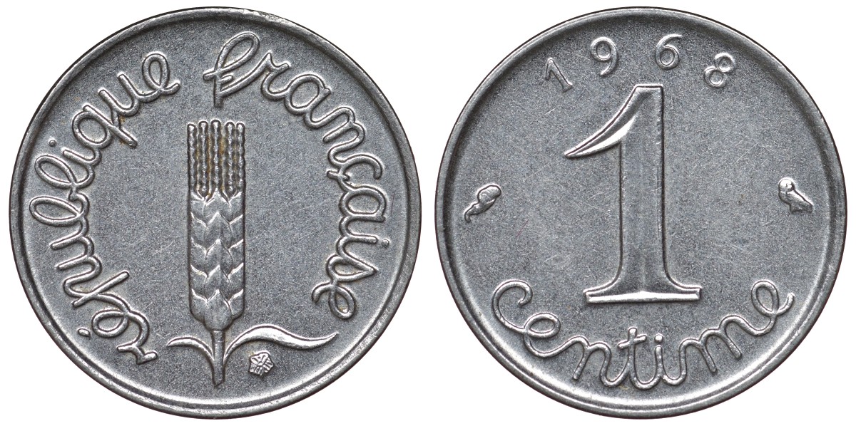 Франция 1 сантим 1968 пятая республика KM 928, Le Franc 106.15 нержавеющая сталь 4124-415