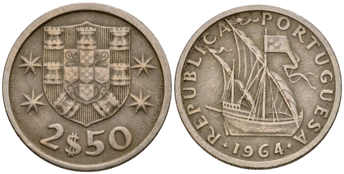 Португалия 2,5 эскудо 1964 парусник KM 590 медно-никель 4602-316