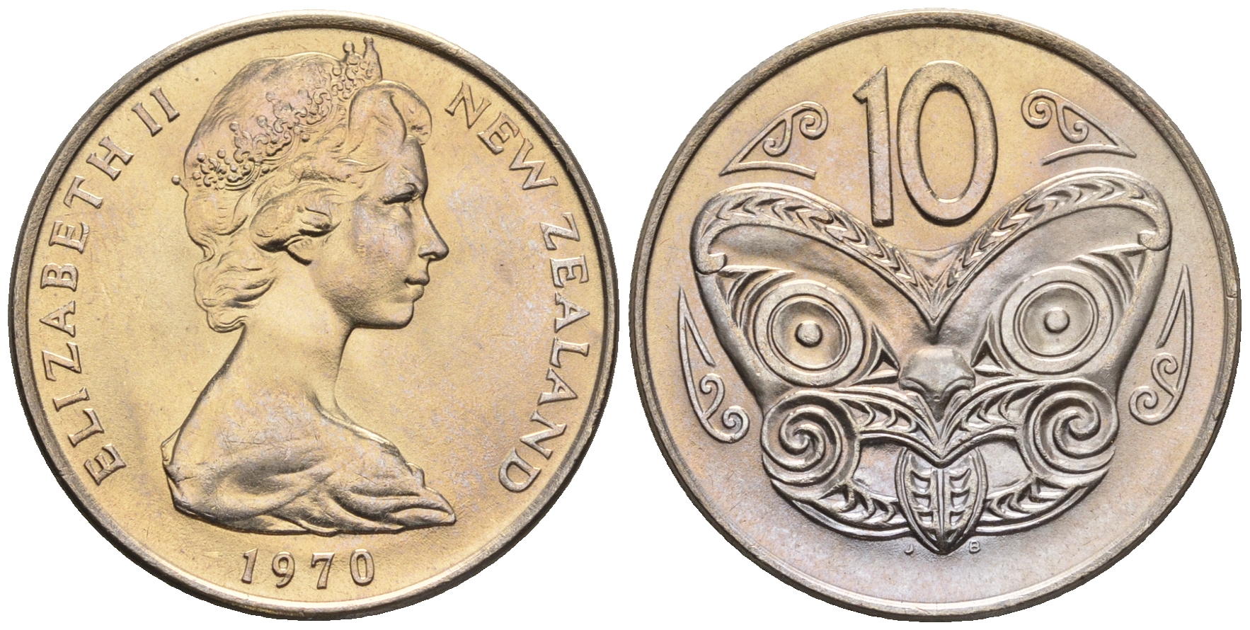 Новая Зеландия 10 центов 1970 Елизавета II (1952-2022), маска маори KM 41.1 медно-никель  UNC  4182-1112