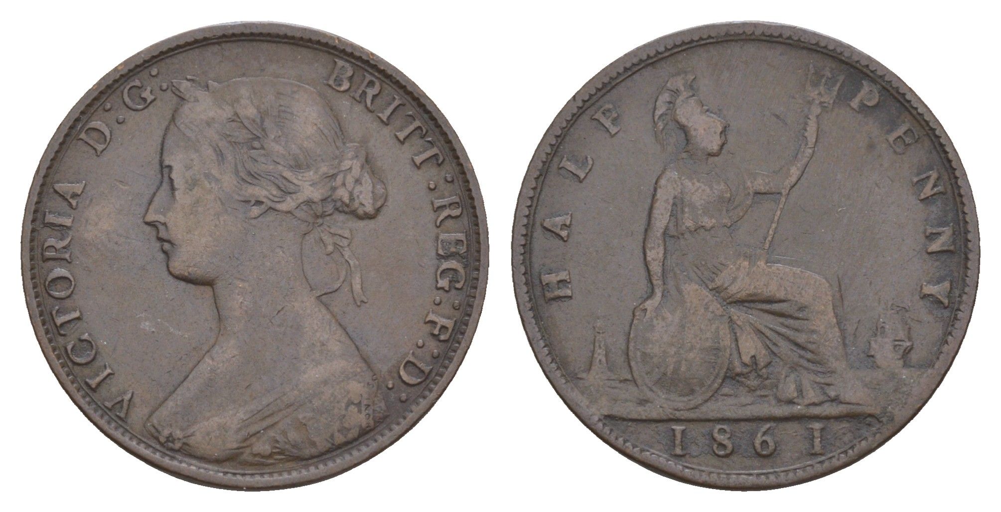 Великобритания 1/2 пенни 1861 Виктория (1837-1901) KM 748, Spink 3956 бронза 4657-622