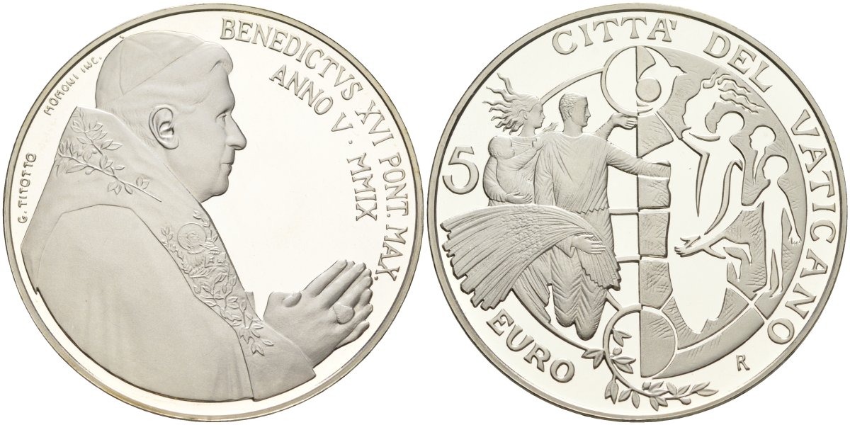 Ватикан 5 евро 2009 Бенедикт XVI, Международный год мира, в оригинальной коробке с сертификатом KM 415 серебро PROOF 7-1-1-27